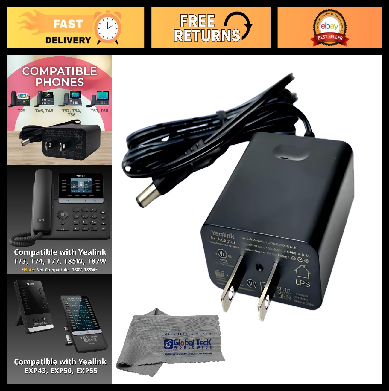 Power Adapter for Yealink Phones T46 T48S T58A T54W MP52 MP54 MP56 T85W + Microf