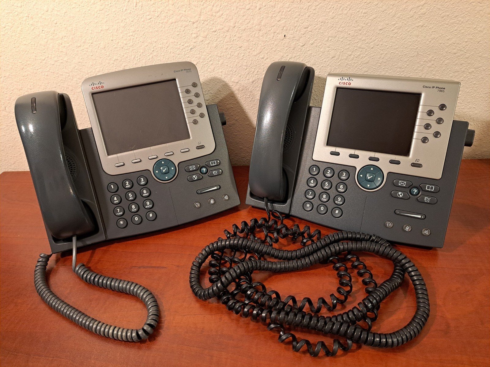Lot of 2 CISCO VOIP IP Office Phones CP-7975G & CP-7965G w Stands & Handsets
