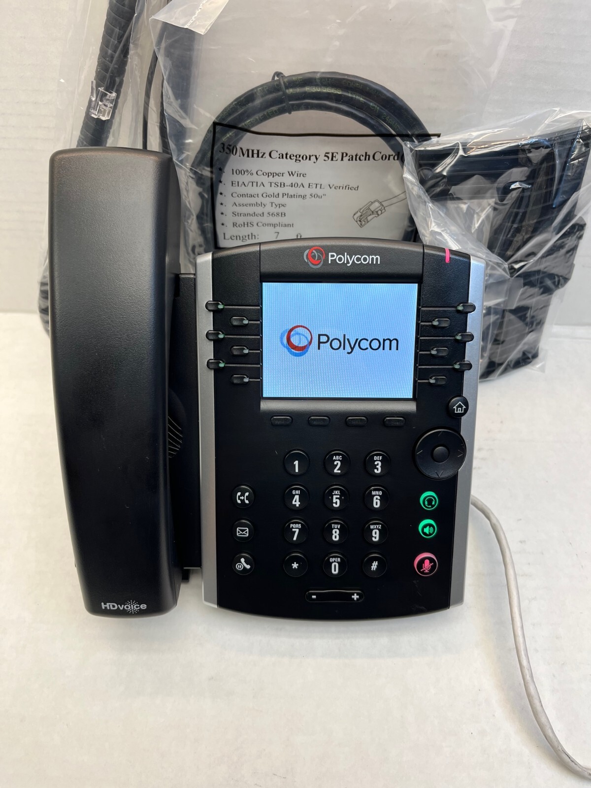 POLYCOM VVX 400 IP PHONE POE STAND + CAT5E + COIL CORD EXCELLENT 2200-46157-025
