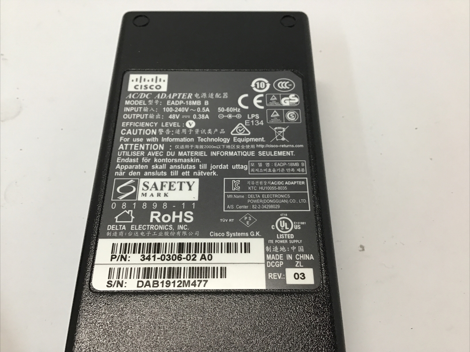 Lot of 10 – Cisco 18W 48V 0.38A EADP-18MB B AC Adapter Power Supply 341-0306-02