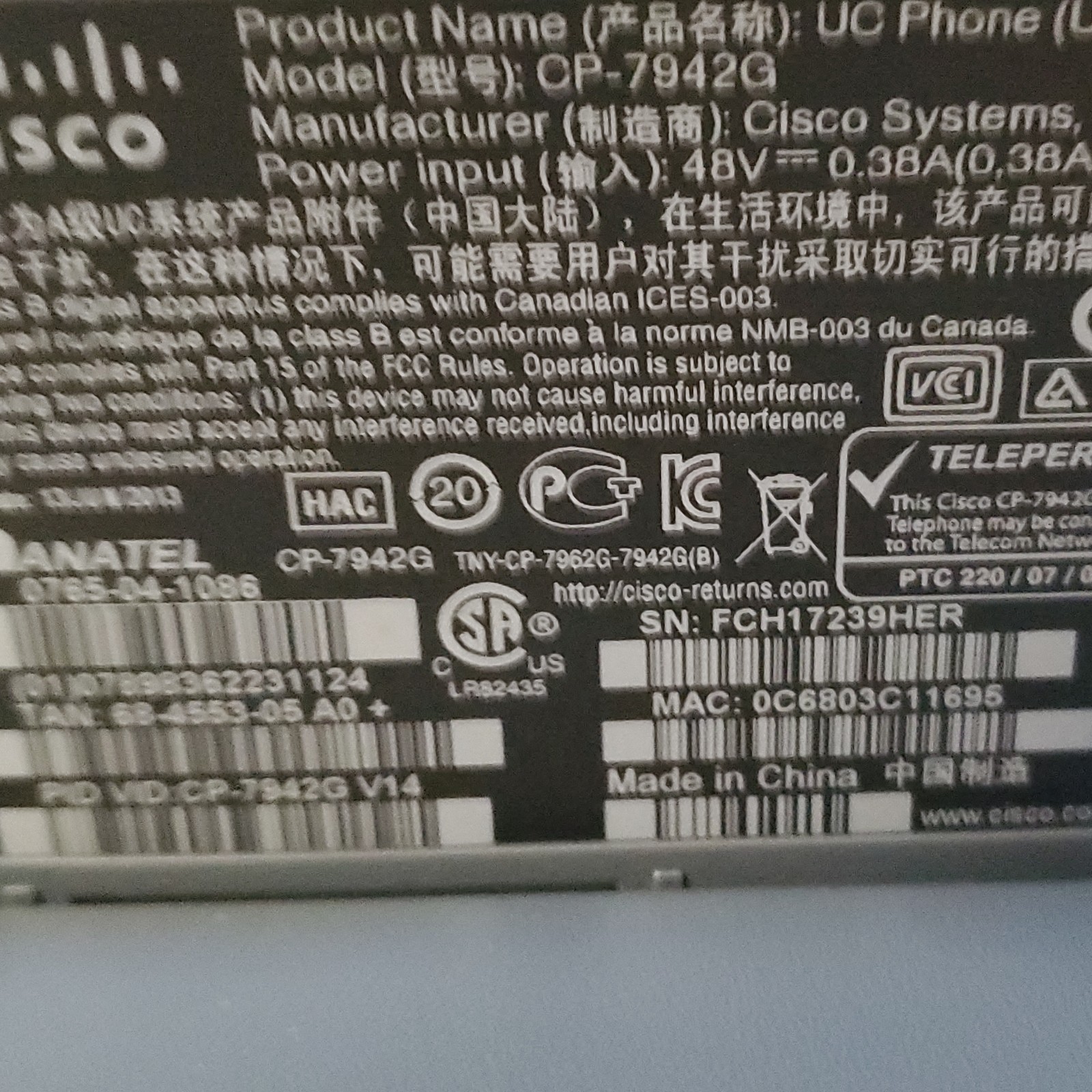Cisco CP-7942G IP VoIP Ethernet Desktop Phone w/Box, Cable,& Handset NEW OPN BOX