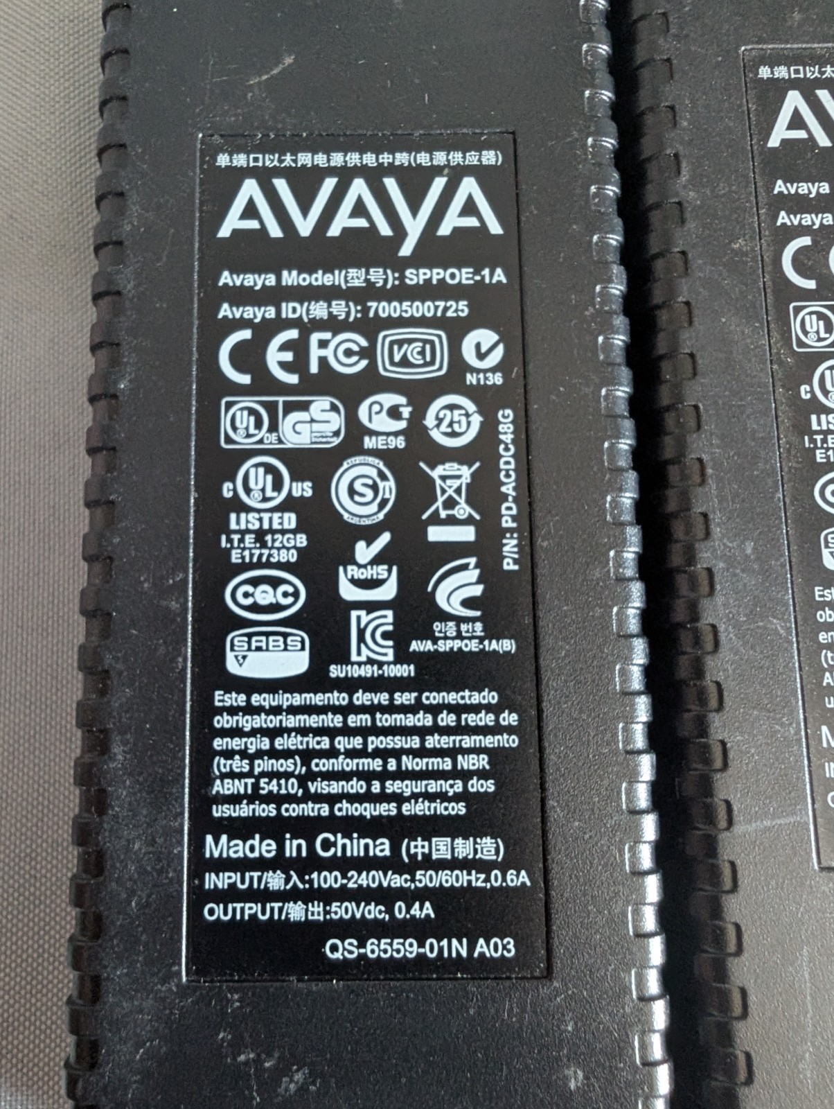 LOT OF 5 Avaya SPPOE-1A-IP Phone Single Port POE Injector With Power Cord