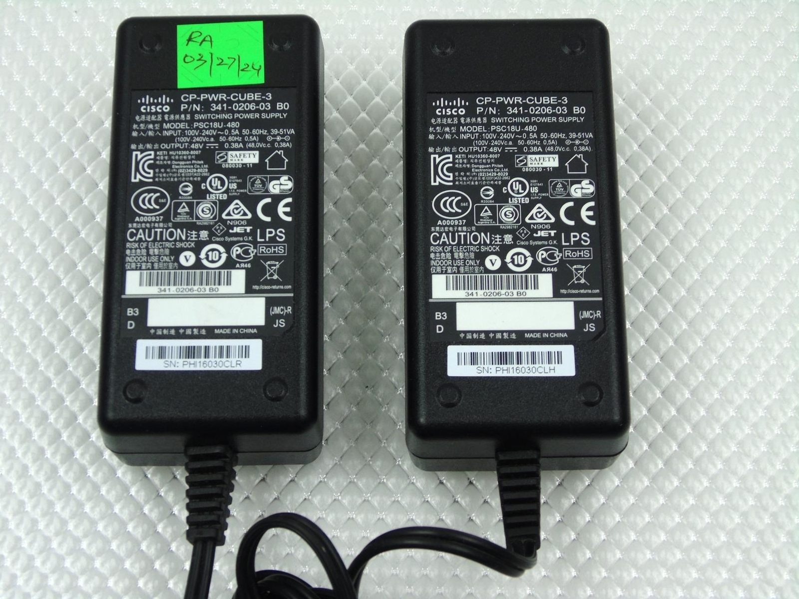 Lot of 2 – Genuine Cisco AC Adapter 48V 0.38A – 341-0206-03, CP-PWR-CUBE-3