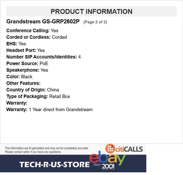 Grandstream GS-GRP2602P 2-Line Essential IP Phone 4 SIP Accounts PoE No PSU