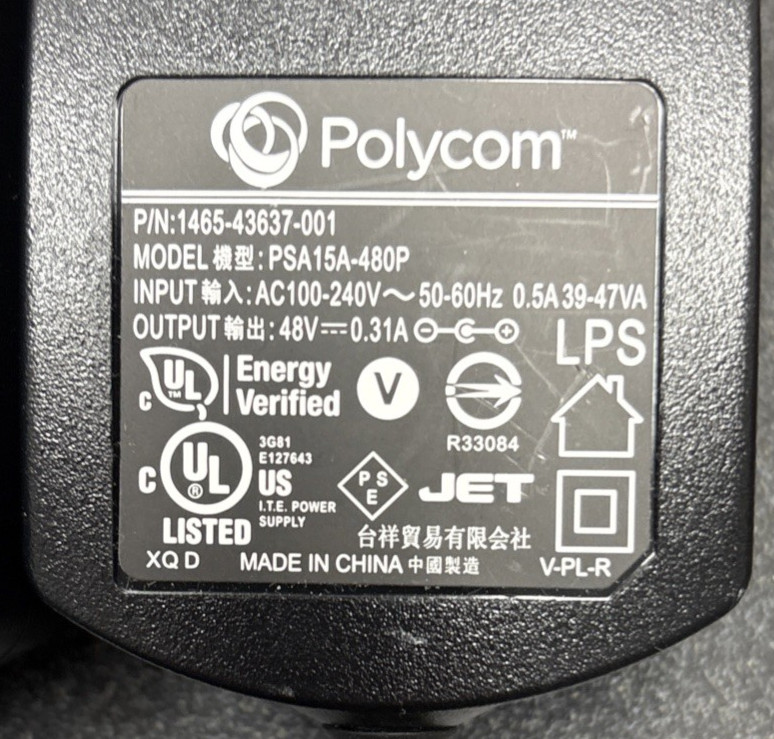 Lot of 8 Used Polycom PSA15A-480P 48V 0.31A Charger Power Supply Wall Adapter