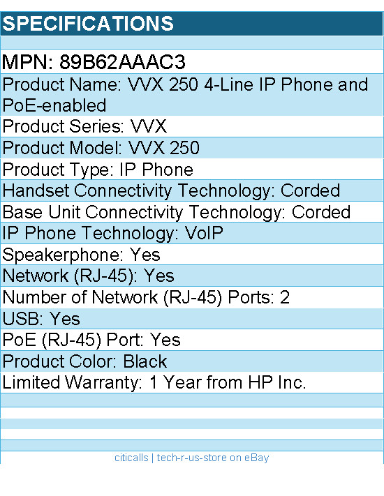 HP Poly 89B62AAAC3 VVX 250 IP Phone – Corded – Desktop, Wall Mountable